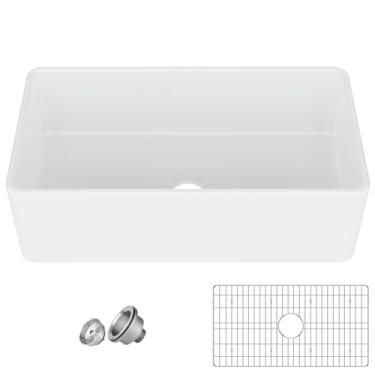 Imagem de GAOMON Pia de fazenda reclay de 83 cm, avental branco para pia de fazenda, pia frontal, pia de cozinha, lareira, cerâmica, porcelana, tigela única profunda, pia de fazenda com grade inferior e ralo de