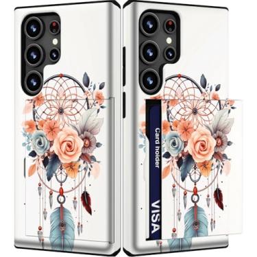 Imagem de IWONE Capa para celular compatível com Samsung Galaxy S25 Ultra, fofa com porta-cartões/carteira à prova de choque para mulheres/apanhador de sonhos flor pena feminina