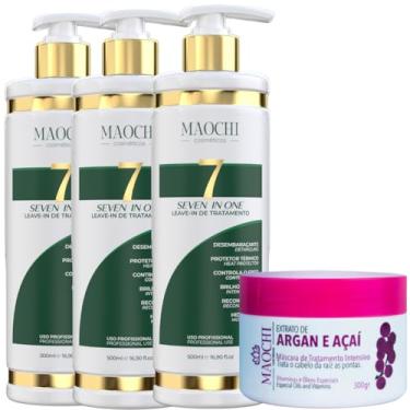 Imagem de Kit 3UN Protetor Térmico Capilar Profissional 7in1 Ação Desembaraçante Brilho Intenso Fórmula Leve Fluído + Máscara de Tratamento Intensivo Argan e Açaí Hidratação 300g Maochi