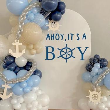 Imagem de Decalque Ahoy It's A Boy para decoração de chá de bebê - Decalque de chá de bebê de veleiro, adesivo de chá de bebê com tema náutico para decoração de festa de revelação de gênero, arco de balão, pano