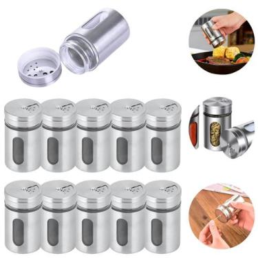 Imagem de 10 Saleiros Porta Tempero Pimenteiro Luxo Aço Inox Com Visor - Inter