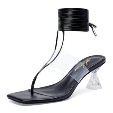 Imagem de Sandálias femininas de salto quadrado aberto com cadarço e salto com tiras, sandálias sexy de amarrar e salto grosso para festa de casamento, Preto, 41