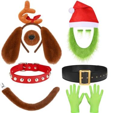 Imagem de JcHrmers 9 Pcs Christmas Green Monster Costume Set Including Green Santa Furry Mustache Eyebrow Antler Dog Ears Headband with Collar Nose Tail Santa Hat for Xmas Party Dress Up Supplies