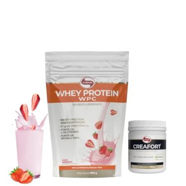 Imagem de Whey Protein Concentrado Pouch 900g + Creafort Pote 300g Vitafor (900, Morango)