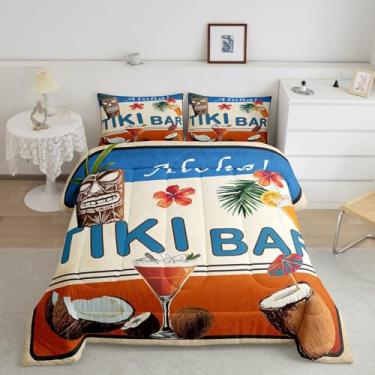 Imagem de Conjunto de edredom Tiki Bar, Queen, com tema havaiano Aloha, para decoração de quarto de crianças, meninos, meninas, coqueiro, bebida de verão, 3 peças, conjunto de colcha de microfibra, estilo
