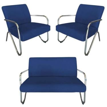 Imagem de Kit Namoradeira + 2 Poltronas Decorativa Bela Suede Azul Marinho Braço
