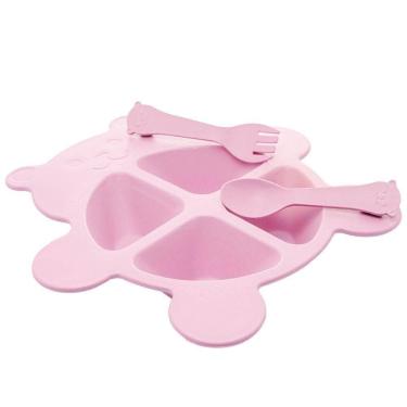 Imagem de Conjunto 3 Peças Prato Infantl Com Divisórias Colher E Garfo Em Bambu Rosa Bear Urso Lyor