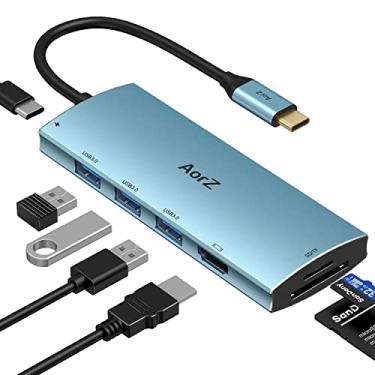 Imagem de Hub USB C, hub USB para HDMI multiportas AorZ adaptador Dongle USB C 7 em 1 com saída HDMI, 3 portas USB 3.0, porta SD/micro SD, porta de carregamento PD de 100 W USB C Hub (azul claro)