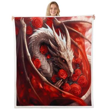 Imagem de Feelyou Cobertor de lã de ovelha de dragão solteiro 152 x 203 cm para crianças vermelho rosa dragão cobertor felpudo cultura tradicional chinesa cobertor felpudo vermelho dragão selvagem