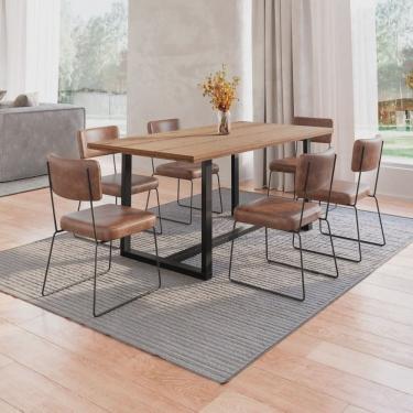 Imagem de Conjunto Mesa de Jantar Rústica de Madeira Maciça com 6 Cadeiras Aço Roma