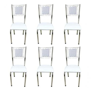 Imagem de Kit 6 Cadeira Jantar Moderna Cromada Aço Junco Cozinha Sala Branco Cromada