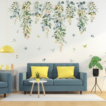 Imagem de Adesivo de parede de videira pendurado, decalque de parede de folha verde, faça você mesmo, adesivo de parede floral de planta, mural de arte de parede, descasque e cole borboleta, adesivos de parede