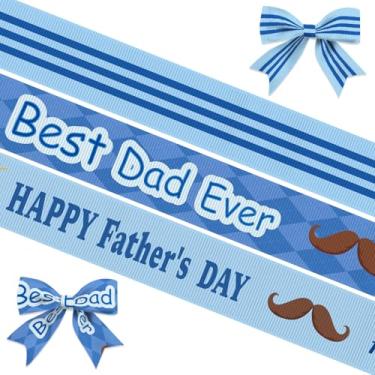 Imagem de 3 fitas de gorgorão feliz dia dos pais 1,9 cm fitas de decoração xadrez azul búfalo 15 jardas, fita de artesanato melhor pai de todos os tempos para decoração do dia dos pais, embalagem de presente de