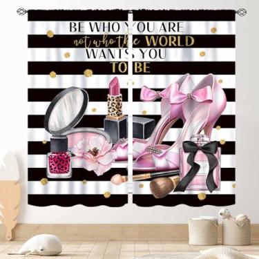 Imagem de Cortinas da moda, preto branco listrado rosa perfume salto alto revista livros rosa floral cosméticos maquiagem moderna romântica cortina de janela para meninas mulheres quarto sala de estar banheiro