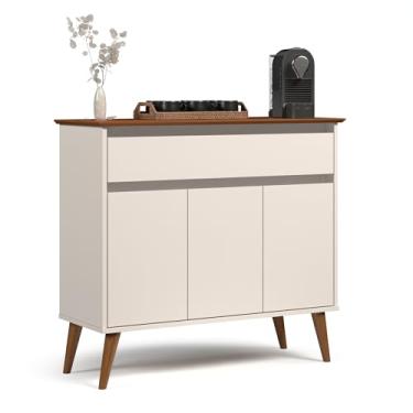 Imagem de Aparador Balcão Armário Bancada Cozinha Cantinho do Café Buffet Sala de Jantar Bar e Estar com 3 Portas e 1 Gaveta Retrô Zeus - Offwhite/Freijó