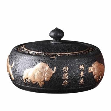Imagem de Cinzeiros de mesa com tampa cerâmica retro cinzeiro vintage de mesa clássico estilo à prova de vento redondo para fumar para uso doméstico escritório ornamentos (tamanho: A)