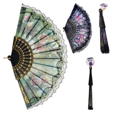 Imagem de Kit 4 Leques Japonês Oriental Preto Tecido Floral Com Renda - WCAN