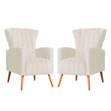 Imagem de Kit 2 Poltronas Decorativa Melinda Linho Bege Pés Madeira Mz Decor