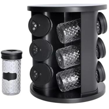 Imagem de Porta Condimento Giratório Preto c/ 9 Potes Vidro 85ml Tampa Ideal p/ 