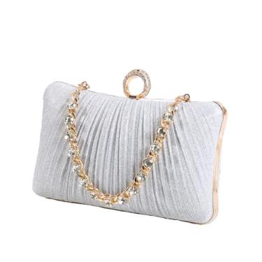 Imagem de Dreubea Bolsa clutch de cetim brilhante com design plissado e alça enfeitada com strass – elegante bolsa de festa noturna para mulheres, Prata
