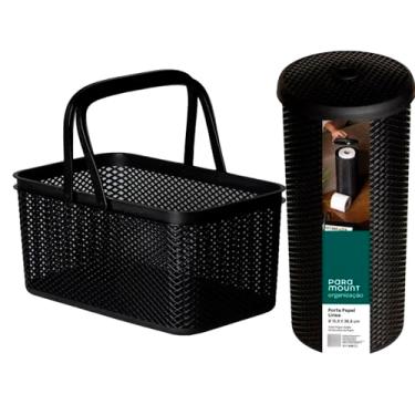 Imagem de Kit Organização Banheiro Paramount: Cesta com Alça + Porta Papel Higiênico Texturizado Lavabo, Lavanderia Cozinha Decorar com Praticidade e Estilo (Preto)
