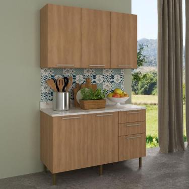 Imagem de Cozinha Compacta Com Armário E Balcão Com Tampo 120cm Multimóveis Cr20447 Freijó Mármore Branco