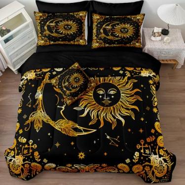 Imagem de Jogo de cama de sol e lua dourado preto - Cama Queen em uma bolsa - Estrelas douradas, tema de galáxia e céu estrelado, boêmio, roupa de cama chique com edredom floral botânico exótico paisley