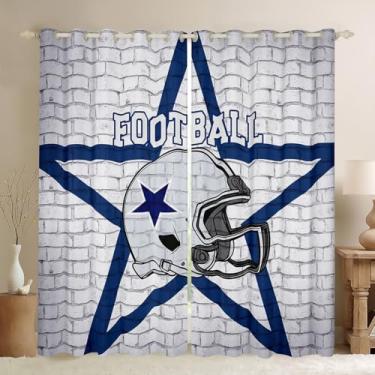 Imagem de Cortinas de janela para meninos de futebol americano, Texas Star Cowboy Football Sports Window Drapes for Boys Men, Rugby Helmet Brick Wall Retro Blue White Window Treatments Grommet Top 2 Painéis,