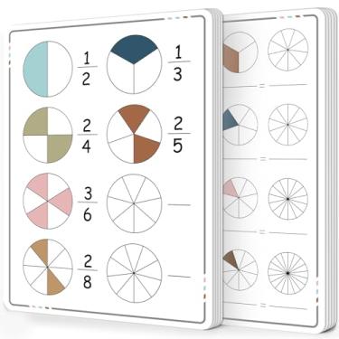 Imagem de 24 peças de papelão dupla face manipulativos de fração para estudantes, folhas apagáveis a seco, círculos de fração matemática, quadro branco, suprimentos de prática de frações para professores