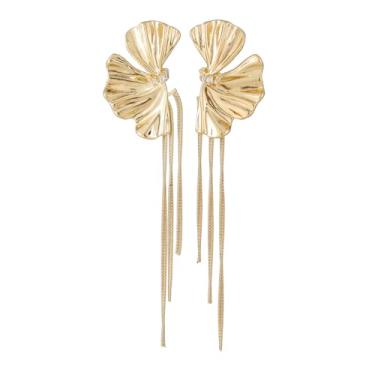 Imagem de Brincos de flor dourados, brincos de borla de folha de ginkgo biloba, brincos grandes de metal, brincos boêmios, pétalas em camadas, joia floral para mulheres, Large, Zinco, Liga metálica.