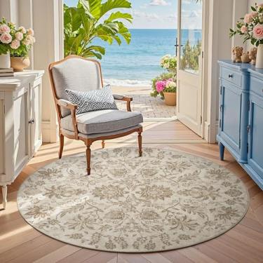 Imagem de jinchan Tapete redondo floral clássico de 1,2 m, design neutro de inspiração vintage, tapete circular de 1,2 m, lavável na máquina, ultrafino, camada baixa, antiderrapante, para quarto, sala de jantar