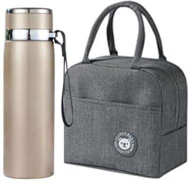 Imagem de Bolsa Térmica para Marmita com Garrafa Térmica, Portátil e Compacta, cor cinza, Ideal para Almoço e Viagens