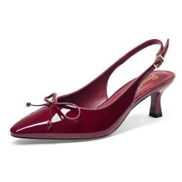 Imagem de GENSHUO Sapatos femininos de salto baixo estilo slingback elegantes bico fechado e tira no tornozelo elegantes para casamento sapatos formais confortáveis, Vermelho vinho com laço, 38