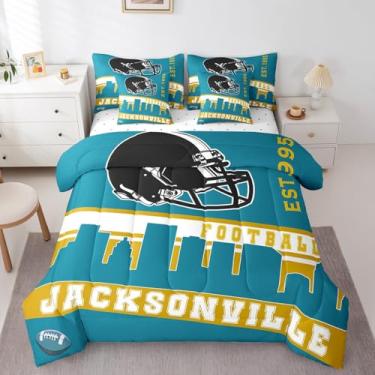 Imagem de Erosebridal Jogo de cama solteiro de futebol americano, 7 peças, para fãs de futebol americano, azul-petróleo, para decoração de quarto, jogo de rúgbi, bola esportiva, competição, jogo de cama