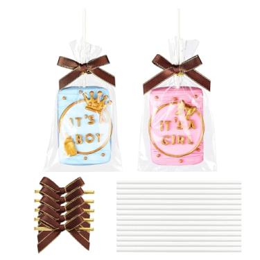 Imagem de RomanticBaking 50 conjuntos de sacos transparentes de arroz Krispie com laço de fita marrom e palito e sacos lisos de celofane transparentes para petiscos de arroz Krispie bolsa de presente (ouro)