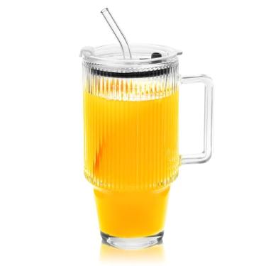 Imagem de Icesip Conjunto de xícaras de café gelado com nervuras de 680 g com tampa de plástico, cabo de palha, copo grosso à prova de vazamento, para presente, bebida fria, Smoothie Boba Tea (nervurado com