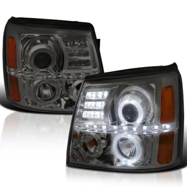 Imagem de Spec-D Tuning Faróis de projetor de halo duplo de LED, lentes fumê compatíveis com Cadillac Escalade 2002-2006 L+R Par de lâmpadas de farol