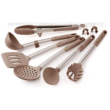 Imagem de Conjunto de utensílios de cozinha de silicone REMIHOF – utensílios de cozinha antiaderentes de silicone e aço inoxidável – Servidor de massa de concha giratória de espátula – Melhor conjunto de presente culinário, Bege, 6pcs