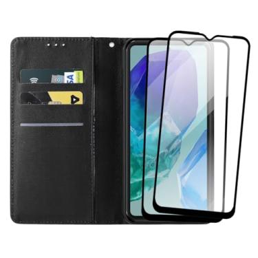 Imagem de Capa Carteira Flip Case para Samsung Galaxy M55 com 2 Películas de Vidro Temperado 3D, Preta