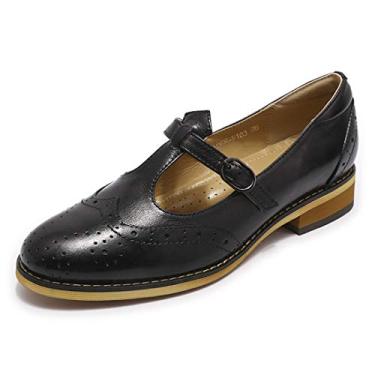 Imagem de Mona flying Sapato feminino de couro Wingtip Oxford Mary Jane Mocassim casual com tira em T para mulheres, Preto, 35
