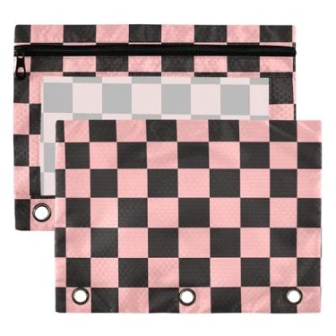 Imagem de Bolsas de fichário xadrez búfalo rosa-claro 3 anéis para meninos meninas escola escritório faculdade suprimentos preto tabuleiro de xadrez orquídea rosa bolsas de lápis bolsa bolsa com janela