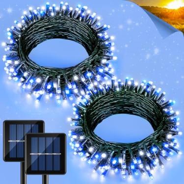 Imagem de Pacote com 2 cordões de luzes solares para o exterior, cada 120 m 120 luzes solares de LED para ambientes externos, 8 modos à prova d'água alimentada por energia solar, luz cintilante para quintal