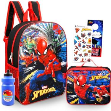 Imagem de Marvel Spiderman Backpack with Lunchbox Set - Bundle with 16" School Bag, Insulated Lunch Bag, Stickers, Water Bottle, More | Spiderman School Supplies Pack
