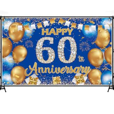 Imagem de 1,8 x 1,1 m Pano de fundo de feliz aniversário de 60 anos, faixa azul e dourada para festas de aniversário de casamento, suprimentos para decoração de cabine de fotos