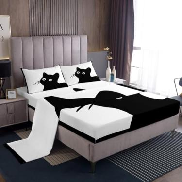 Imagem de Erosebridal Jogo de lençol solteiro de gato preto, animal de estimação, estampa kawaii, preto e branco, lençol com bolso profundo