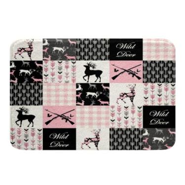 Imagem de Tapetes de banheiro com chifre camuflado, 50,8 cm x 81,2 cm, crianças caçando cervos rosa xadrez Buffalo tapetes de banho para banheira para meninos adolescentes fazenda cabana camuflagem boho flecha tapetes de banheiro animais selvagens accossorias