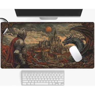 Imagem de Tapete de mesa de dragão, cavaleiro medieval, castelo gótico, estética 2GG, grande, mouse pad estendido para jogos, trabalho, escritório, computador, notebook, teclado, tapete de mesa 90,9 x 39,9 cm