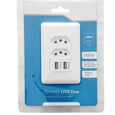 Imagem de Tomada De Parede Eletrica Duo Com 2 Módulos 10a Branca 4x2 E 2 Portas Usb 3a - Fast Charger Celular Bivolt