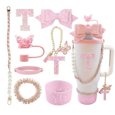 Imagem de Conjunto de 8 peças de acessórios para copo Stanley de 30 e 1,672 g com alça, incluindo topo de palha, bota, alça de alça de garrafa de água, decoração de arco de palha, pulseiras, pingente de letra