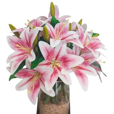 Imagem de Flores de lírios artificiais, 9 peças de flores de lírio falsas, ramos de lírio de tigre de 40 cm com 2 flores completas e 1 botão, plantas falsas de lírios falsos para arranjos florais de buquê de